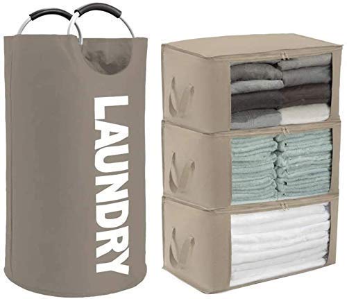Gorilla Grip Laundry Basket and Fabric Storage Bags, Both in Beige Color, Laundry Basket is Size 17 L x 31 H, Foldable Storage Bags are 3 Pack, Perfect for Back to School, 2 Item Bundle - PawsPlanet Australia