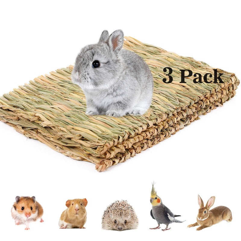 AOFITEE Rabbit Bunny Grass Mat, Natural Straw Woven Bed Mat for Small Animal, Grass Bedding Nest Chew Toy Bed Play Toy for Rabbit Guinea Pig Hamster Rat Parrot (Pack of 3/5) 3 Pack - PawsPlanet Australia