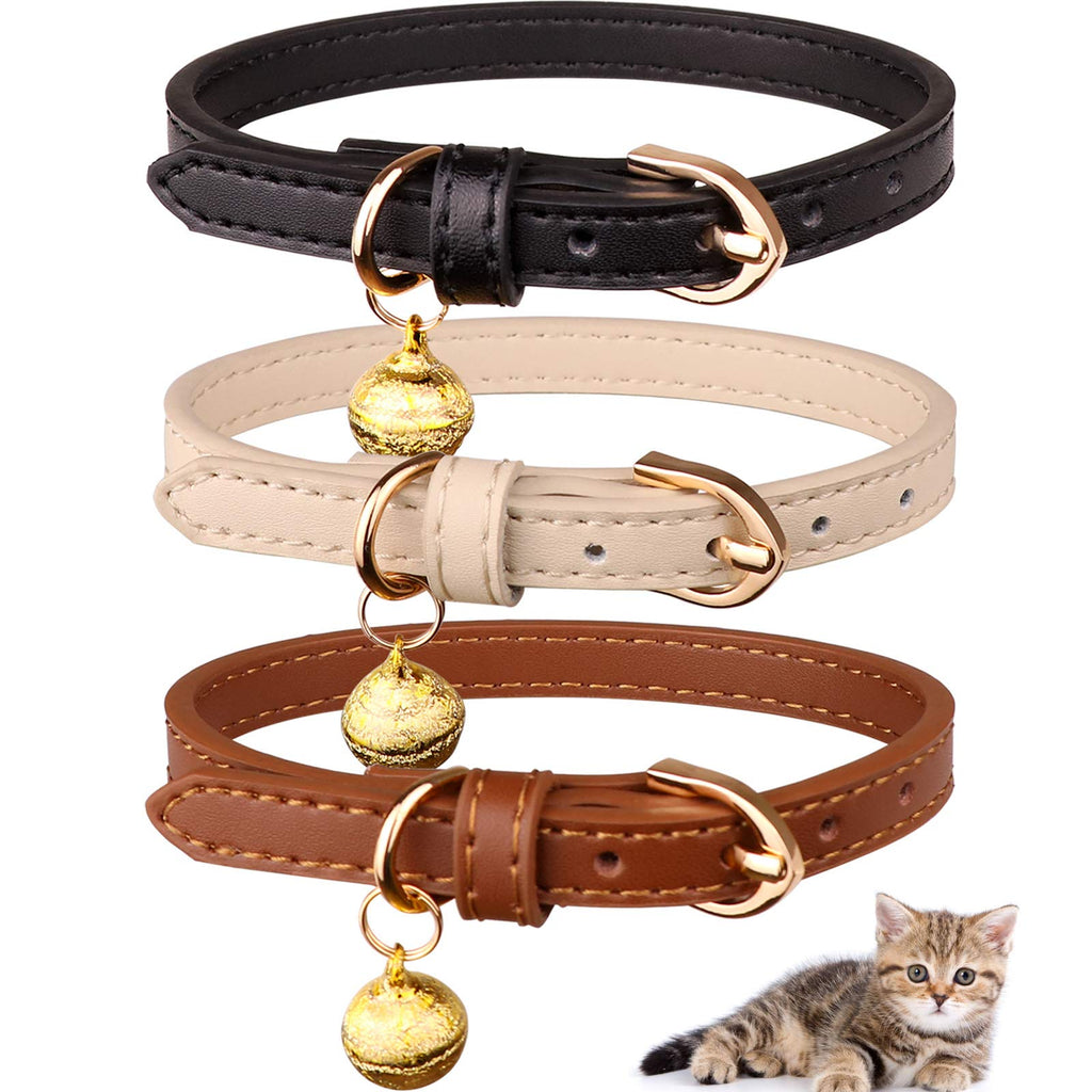Jamktepat 3 Pack Leather Cat Collars with Bells Soft Pet Safety Collar Kitten Collars with Bell Black Chocolate Beige XS: 6.6"-8.6" Black+Chocolate+Beige - PawsPlanet Australia