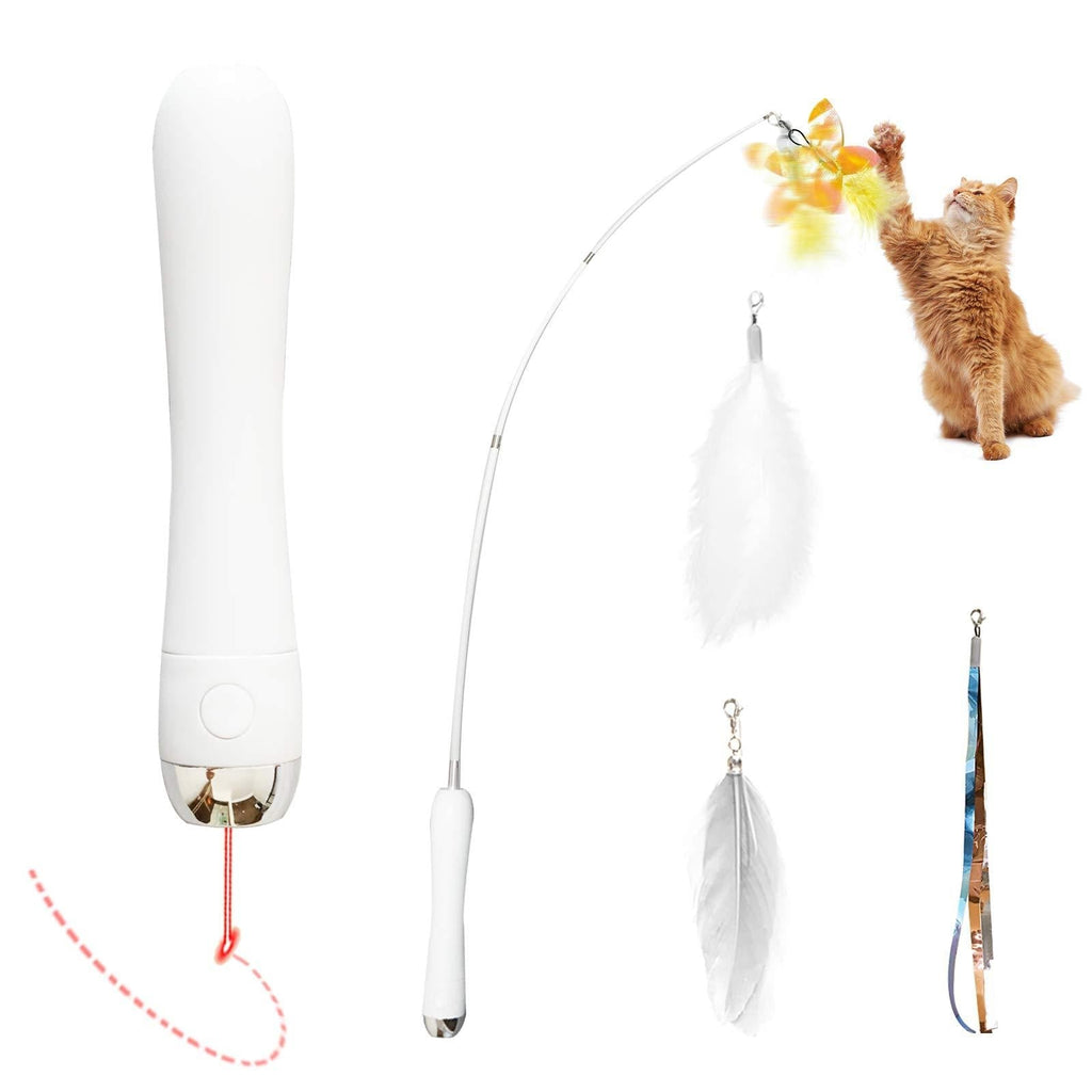 claws & tails 2-in-1 Retractable Cat Wand Toys for Indoor Cats, Interactive Kitten Teaser and Chasing Toy, with LED Light Feather/Ribbons/Butterfly 4 Attachments Refill, Kitty Toy White - PawsPlanet Australia