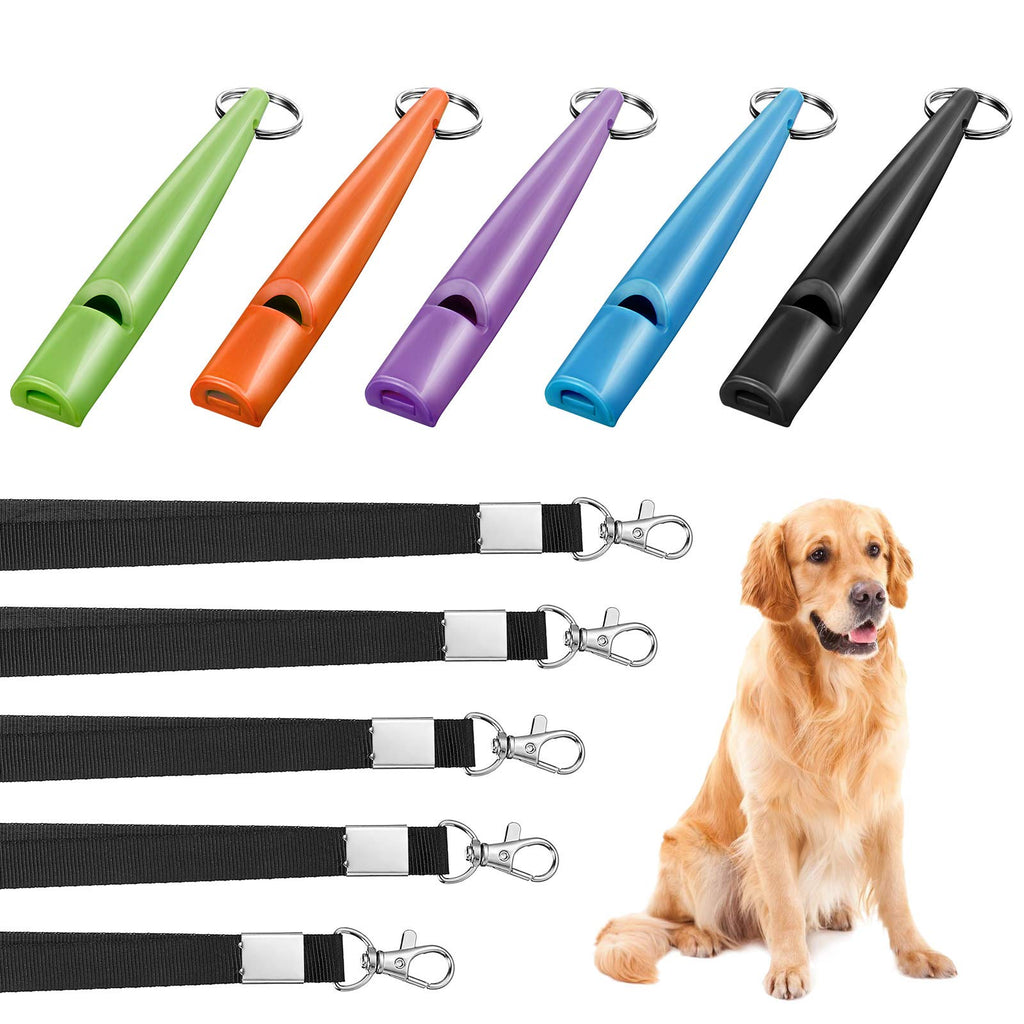 Weewooday 5 Pieces High Pitch Plastic Dog Whistles for Recall Training, Dog Training Whistle with Lanyards and Key Rings (Black, Orange, Blue, Purple, Green) - PawsPlanet Australia