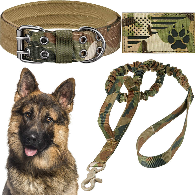 2 Pieces Tactical Dog Collar and Bungee Leash Set Adjustable Camouflage Pet Collar and Pet Leash with 1 Piece Reflective USA Flag Patch for Medium and Large Dogs (M Size) M Size - PawsPlanet Australia