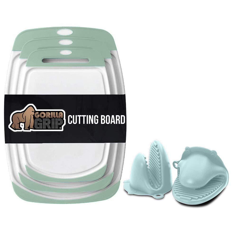 Gorilla Grip Cutting Board Set of 3 and Mini Silicone Potholder Mitts Set, Both in Mint Color, Cutting Boards are Dishwasher Safe, Potholders are Heat Resistant, 2 Item Bundle - PawsPlanet Australia