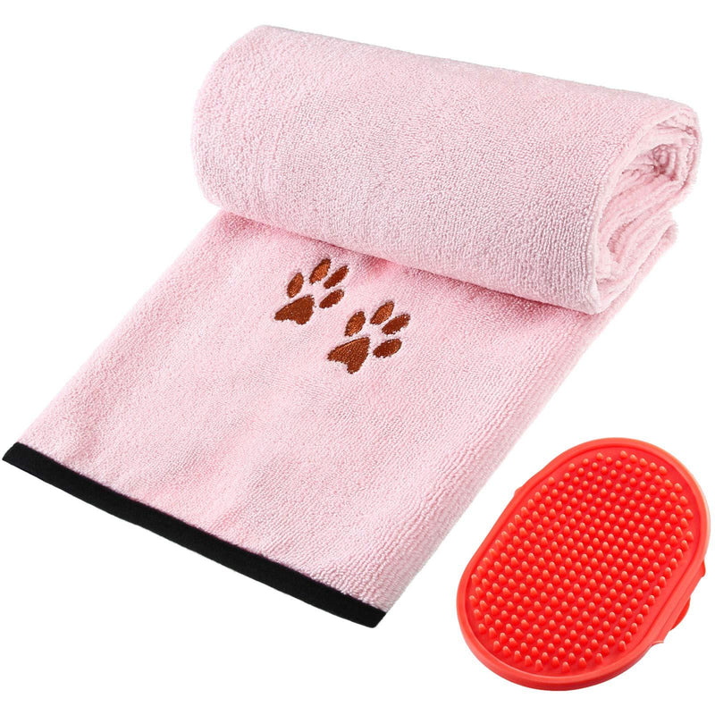 Dog Bath Towel, Large Pet Shower Drying Towel with Pet Hair Remover Brush for Various Pet Shower Bath Accessories, 19.7 x 35.4 Inches Pink - PawsPlanet Australia