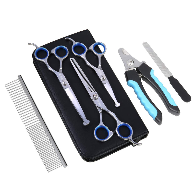 TOPGOOSE Dog Grooming Scissors Set, Safety Round Tip Grooming Tools 6 Pieces Kit for Pet Dogs Cats Full Body - Professional Curved, Thinning, Straight Scissors, Comb, Nail Clipper and Nail File 6 Scissors Set - PawsPlanet Australia