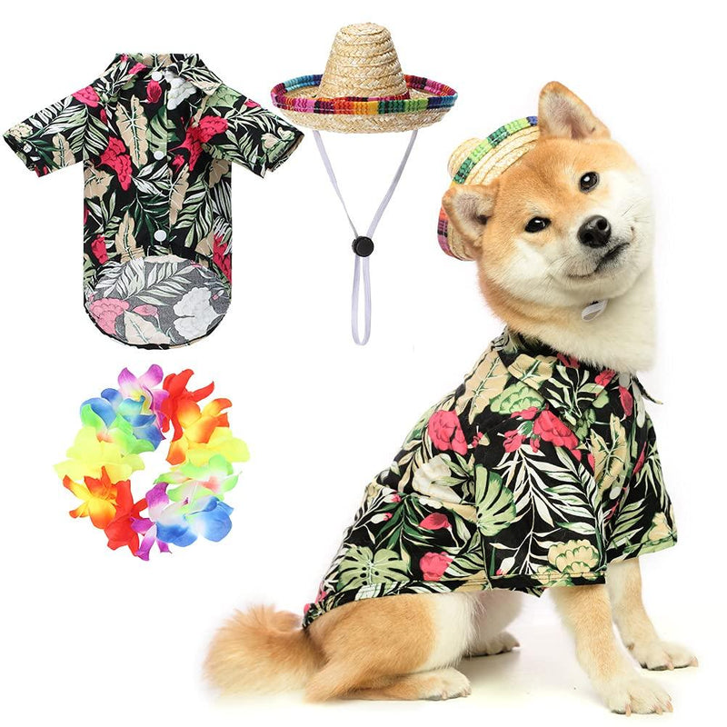 EXPAWLORER Hawaiian Dog T-Shirt Set - Summer Pet Clothes Apparel with Straw Hat and Garland for Small Medium Large Dogs Black - PawsPlanet Australia