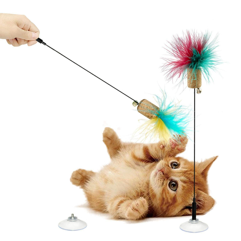 LEKLIT Cat Cork Ball Feather Wand Toys with Strong Suction Cups, Window Kitten Colorful Feathers Bell Toys for Indoor Cats, Detachable Design Cat Teaser Rods. (2Pcs(Mixed Colors, 10inch) - PawsPlanet Australia