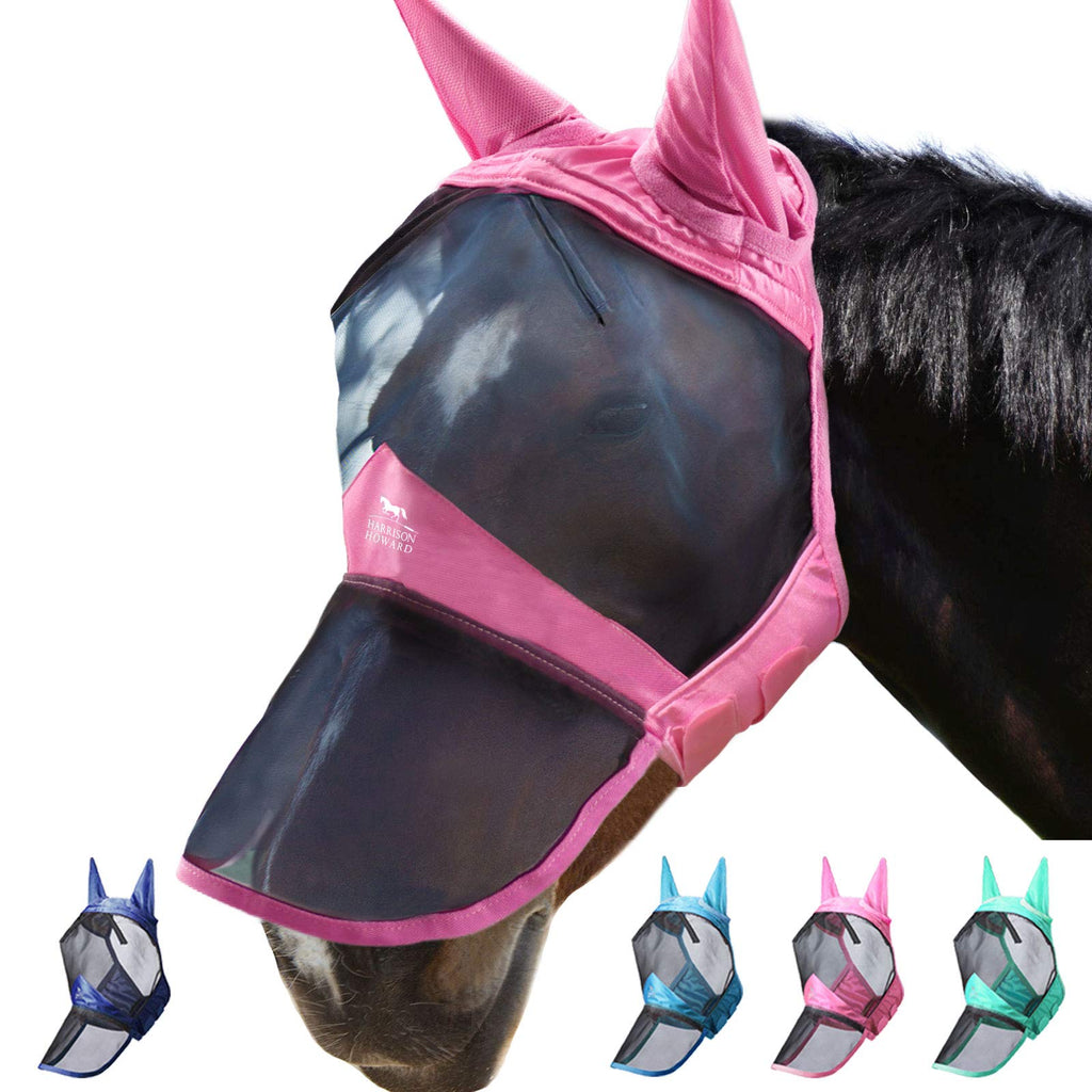 Harrison Howard CareMaster Pro Luminous Horse Fly Mask Long Nose with Ears UV Protection for Horse-Light Pink(M; Cob) Cob (Medium) Light Pink - PawsPlanet Australia