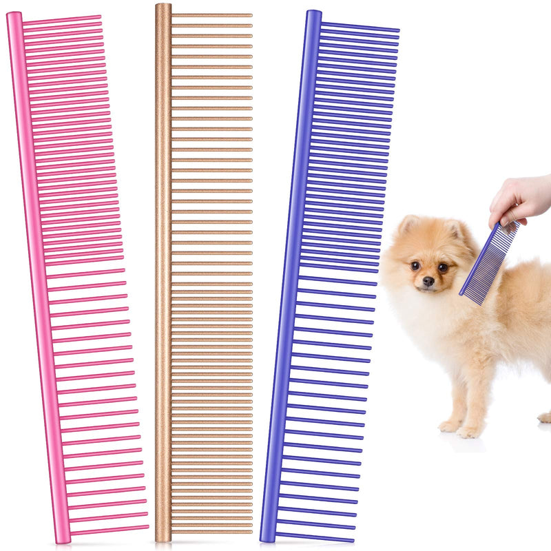 3 Pieces Pet Steel Combs, Pet Dog Cat Grooming Comb Multi-color Dog Comb with Stainless Steel Teeth for Removing Tangles and Knots for Long and Short Haired Dog, 7.5 x 1.3 Inch Gold, Pink, Violet - PawsPlanet Australia