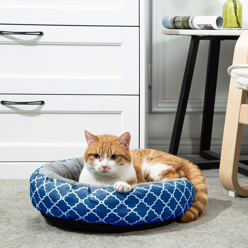 Uozzi Bedding Warming Donut Cushion Cat Bed, Calming Pup Small Pet Dog Bed, Non-Slip Bottom, Machine Washable Flannel 17" Round Bed for Puppy and Kitten with Fluffy Comfy Lining Plush - Blue - PawsPlanet Australia