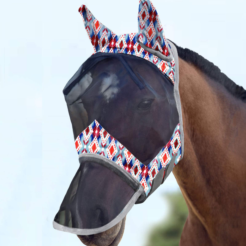 Harrison Howard CareMaster Horse Fly Mask Long Nose with Ears UV Protection for Horse-Tribal Rhombus Cob (Medium) Tribal Rhombus - PawsPlanet Australia