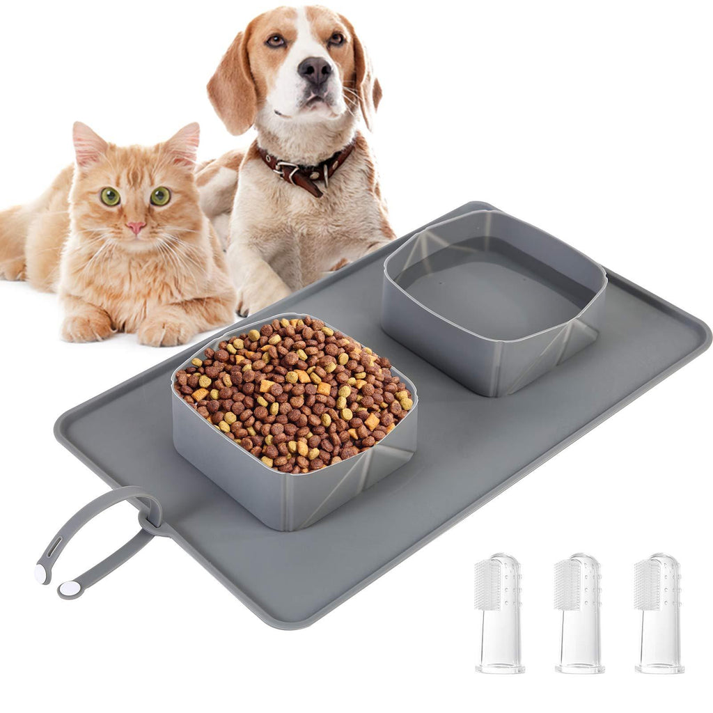 Dog Bowls Dog Food Water Bowls Collapsible Travel Bowls for Dogs Medium Small Dogs Cats Puppies Outdoor Food Water Feederwith Silicone Anti-Slip Mat and 3pcs Pet Tooth Brush（Gray） gray - PawsPlanet Australia