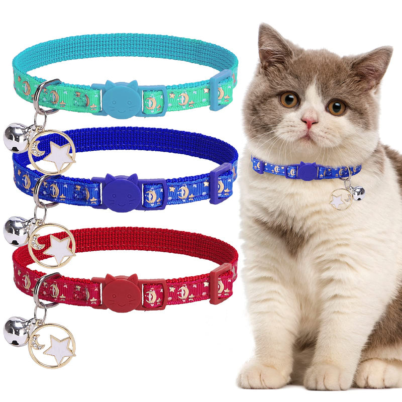 Breakaway Cat Collar with Bell 3 Pack - Charming Luminous Safe Adjustable Moon Pattern Kitten Collars with Star Pendant, Glow in The Dark Blue, Red, Green - PawsPlanet Australia