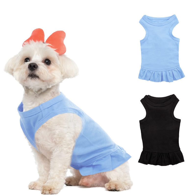 KOESON 2 Pack Dog Dress, Puppy Sundress Small Girls Dog Tee Dress Ruffle Princess Birthday Party Skirt, Doggie Breathable Summer Clothes Daily Wear Pet Apparel for Small Dogs/Cats Blue&Black M Chest:14", Back Length:10" - PawsPlanet Australia