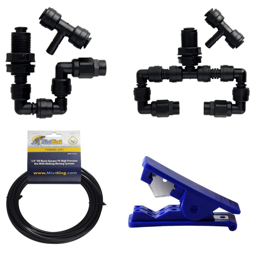 MistKing Misting Starter System Nozzles for Reptiles Set, Includes 22255 Double Assembly, Single 22257 Assembly Fitting Value T, 22283 Tubing 25' and Cutter 1/4" Greenhouse System - PawsPlanet Australia