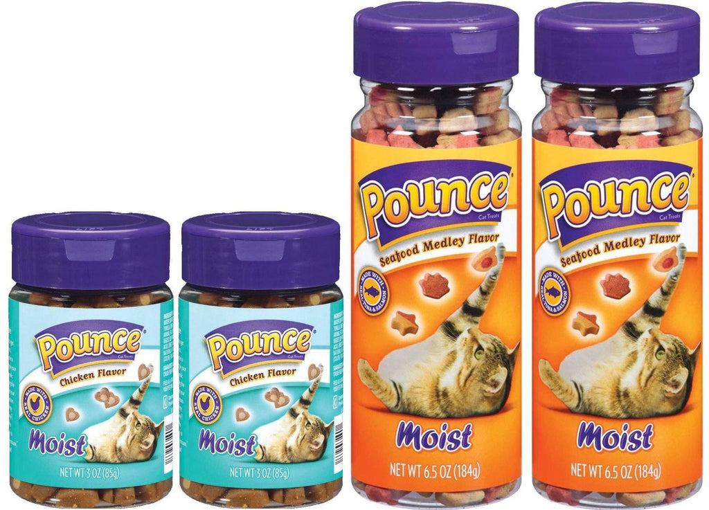 Pounce 2 Flavor, 4 Jar Bundle of Moist Cat Treats: Seafood Medley and Chicken - PawsPlanet Australia