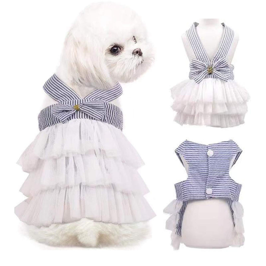 SUNFURA Stripe Dog Dresses, Cute Halter Princess Tutu Dress with Sweetie Bowknot for Small Dogs Cats Pets on Wedding Party Summer Beach, Soft Breathable Puppy Doggie Vest Shirt Apparel (Blue S) Blue - PawsPlanet Australia