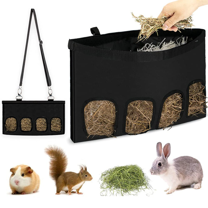 SlowTon Rabbit Hay Feeder Bag, Double-Layer Large Hamster Guinea Pig Chinchilla Hay Feeder Storage with Shoulder Strap, Rabbit Food Bag, Small Pet Feeding Storage Bag For Small Animals Eating Hay 4 Openings Black - PawsPlanet Australia