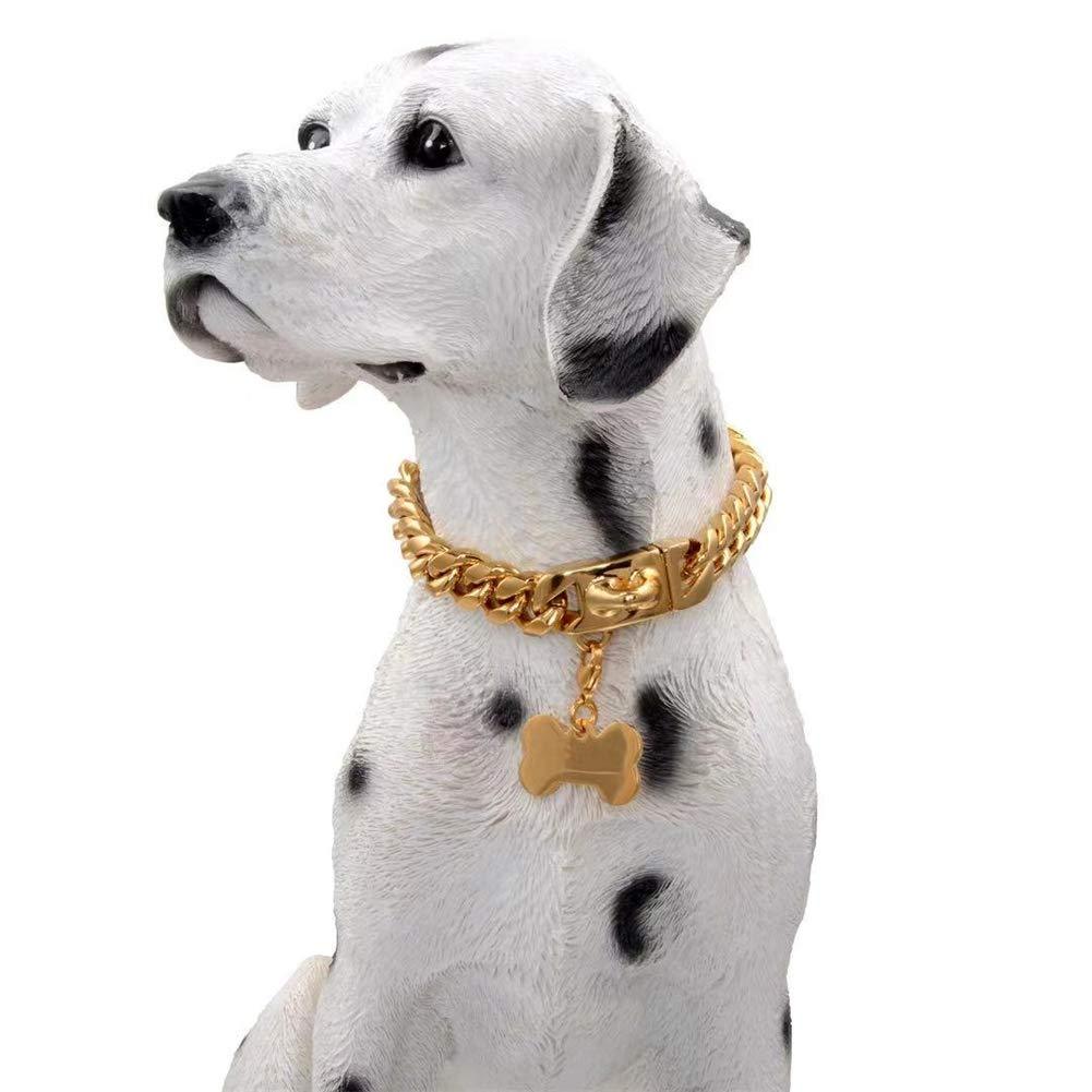 Strong Heavy Duty Chew Proof Gold Chain Dog Collar with Safety Buckle, Stainlesss Steel Plated 18K Gold Metal Cuban Link Chain Walking Training Choke Pendant Necklace, for Small Medium Large Dogs 10" collar suits for 8.5" neck - PawsPlanet Australia