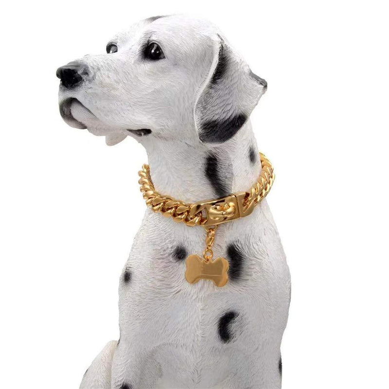 Strong Heavy Duty Chew Proof Gold Chain Dog Collar with Safety Buckle, Stainlesss Steel Plated 18K Gold Metal Cuban Link Chain Walking Training Choke Pendant Necklace, for Small Medium Large Dogs 10" collar suits for 8.5" neck - PawsPlanet Australia