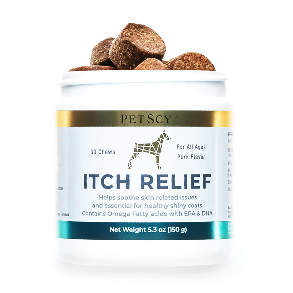 PetScy - Dog Itch Relief with Fatty Acids, EPA, DHA, & Omega for Dogs, Dog Anti-Itch Nutritional Support, Itch Relief Chews for All Ages, Pork Flavor, 30 Chews - PawsPlanet Australia