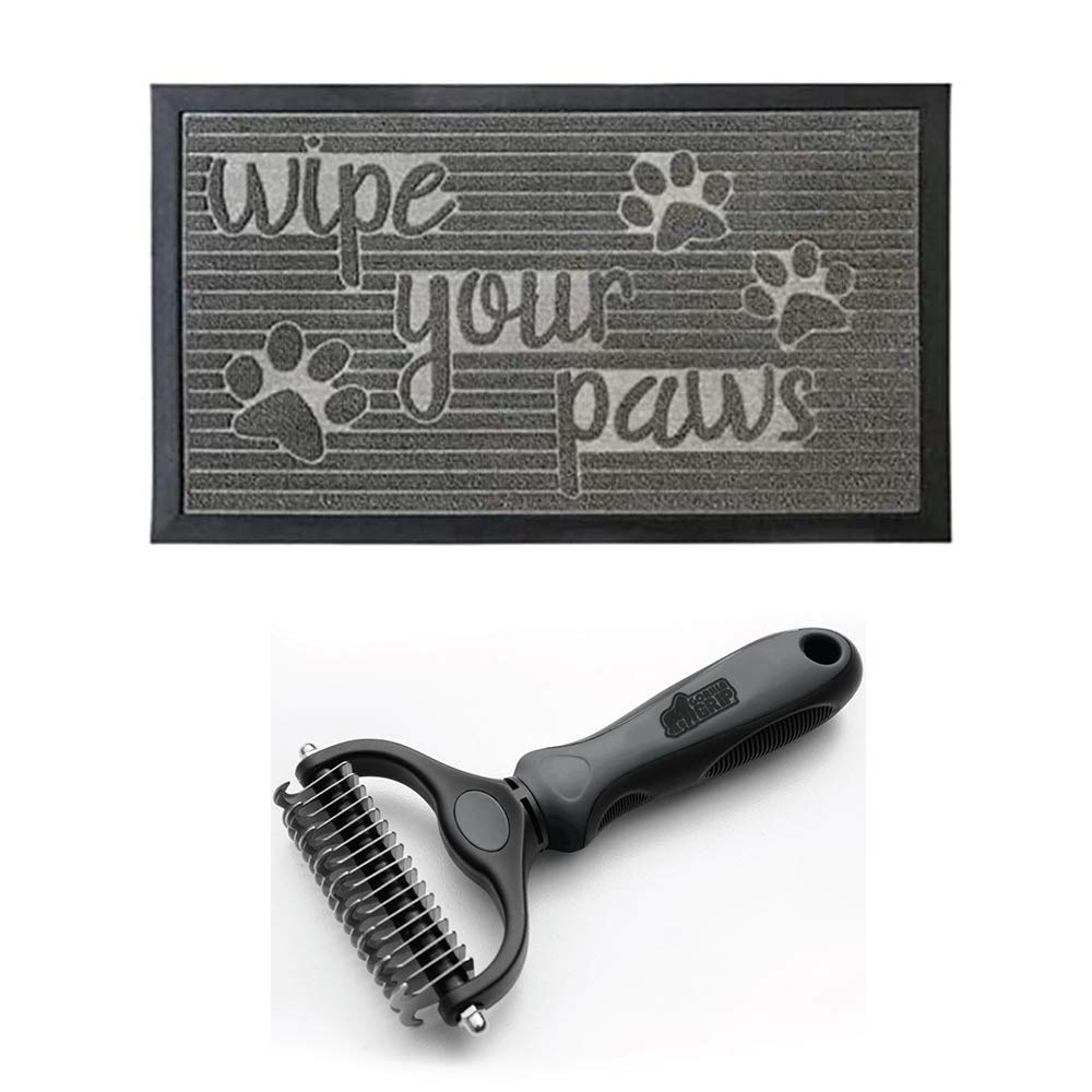 Gorilla Grip Rubber Doormat and Dog Grooming Rake, Doormat is Size 47x35 in Gray Stone Paws Pattern, Grooming Rake in Gray, 2 Item Bundle - PawsPlanet Australia