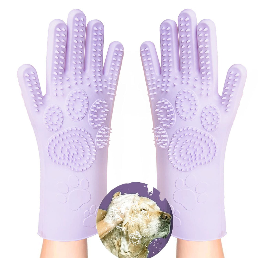 COMMON'H Pet Grooming Gloves, Long Washing Glove Scrubber for Bathing Shedding, Dog Cat Bath Mitt Silicone Brush for Shampooing, Deshedding Hair Remover Purple - PawsPlanet Australia