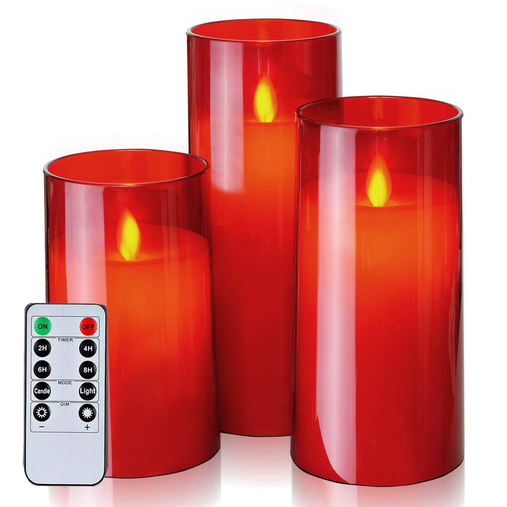 Homemory Red Flickering Flameless Candles, Battery Operated Acrylic LED Pillar Candles with Remote Control and Timer, Set of 3 - PawsPlanet Australia