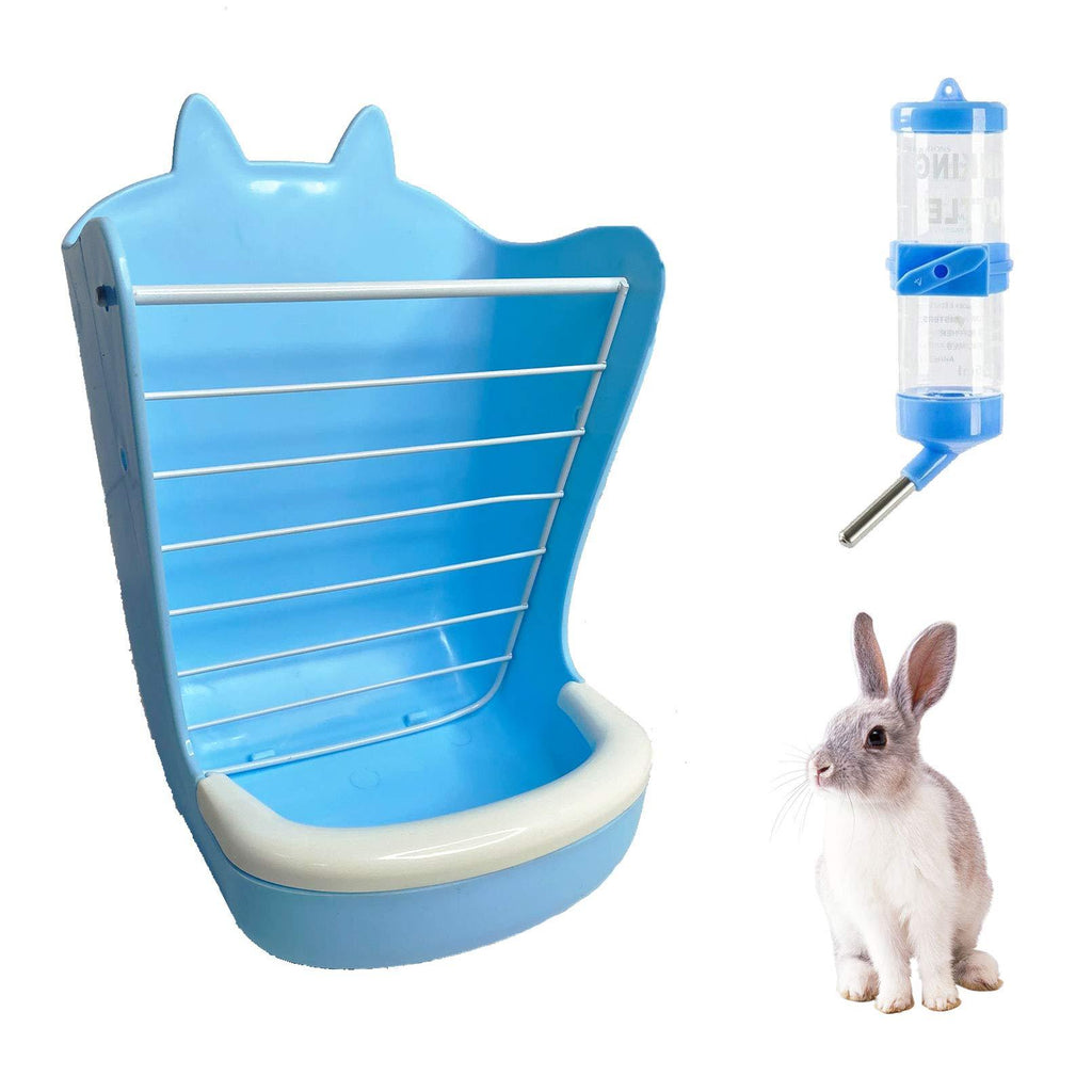 kathson 2 in 1 Rabbit Hay Feeders Rack with Bunny Water Bottles Dispenser Indoor Hay Feeder Bowls for Rabbit Guinea Pig Chinchilla, Feeder Bowls Use for Grass & Food (Blue) Blue - PawsPlanet Australia
