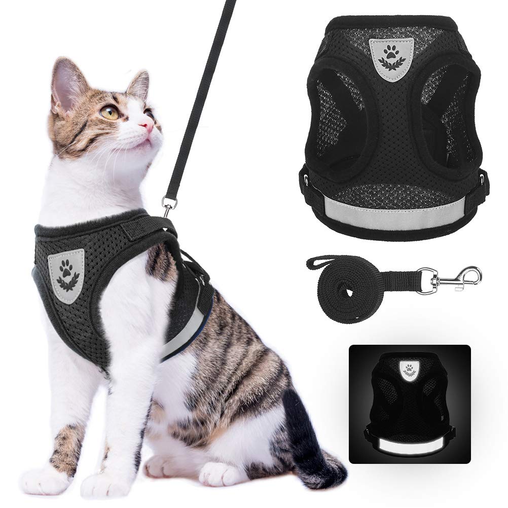 Cat Harness and Leash Set - Reflective Escape Proof Cat Harness for Kitties Daily Outdoor Walking with Soft Breathable Mesh Chest Strap and Durable Leash, Black S (Chest 11.4"-13" / Leash 3.9ft) - PawsPlanet Australia