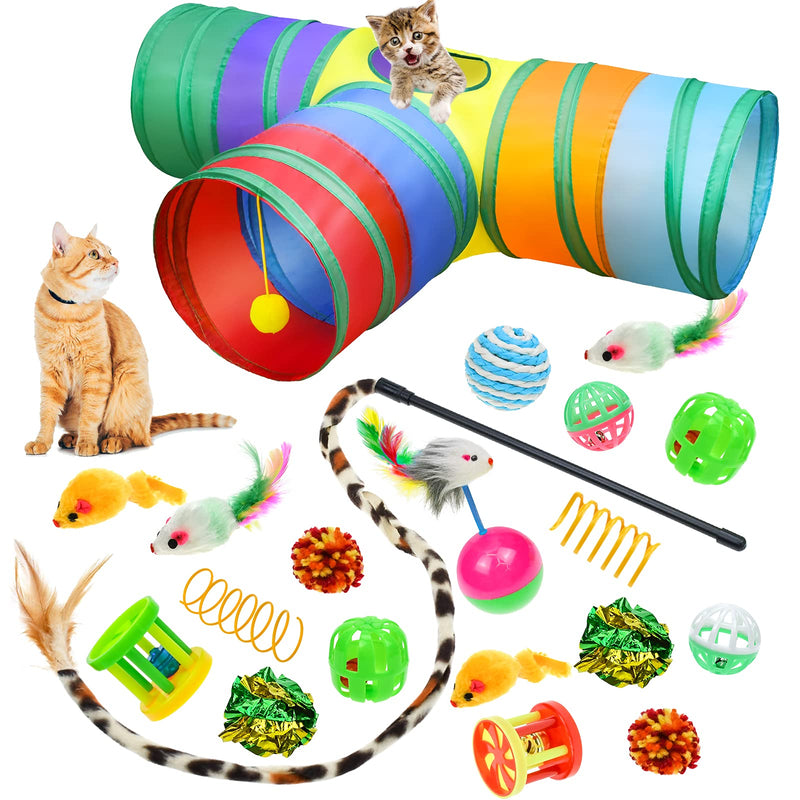 Malier 20 PCS Cat Kitten Toys Set, Collapsible Cat Tunnels for Indoor Cats, Interactive Cat Feather Toy Fluffy Mouse Crinkle Balls Cat 3 Way Tube Tunnel Toys for Cat Puppy Kitty Kitten A-Rainbow - PawsPlanet Australia