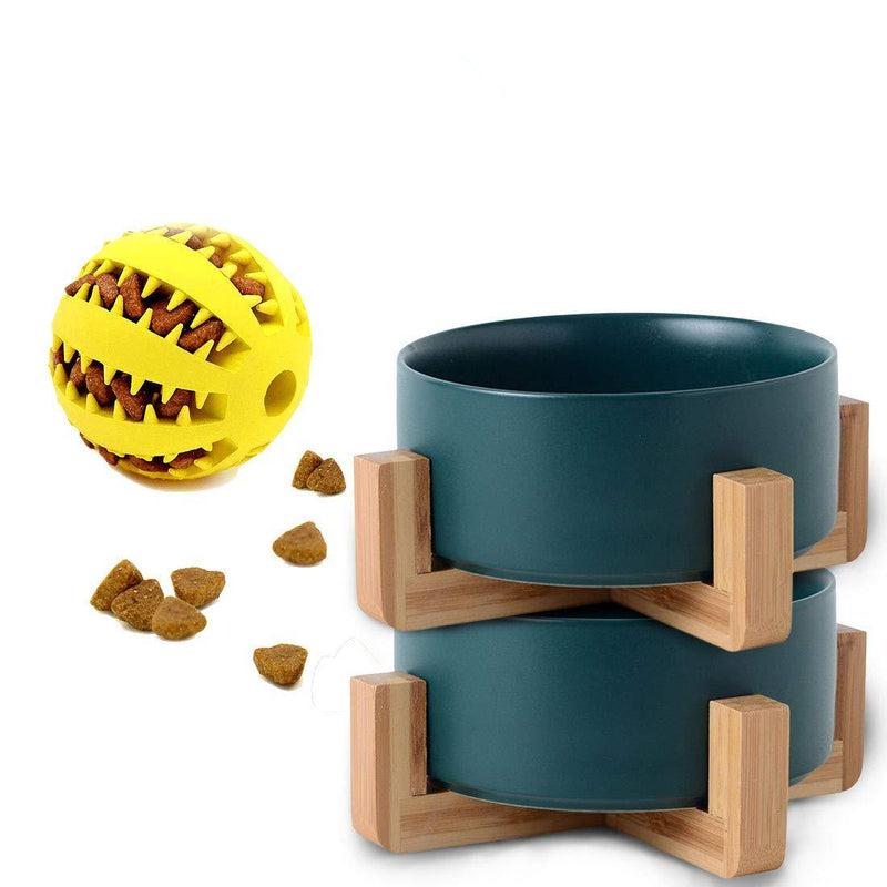 5.1 Inch Deep Green Ceramic Cat Dog Bowl Dishes with Wood Stand for Food and Water, No Spill Pet Food Water Feeder for Cats Small Dogs Set of 2 Bowls Free One Slow Feeder Ball… - PawsPlanet Australia