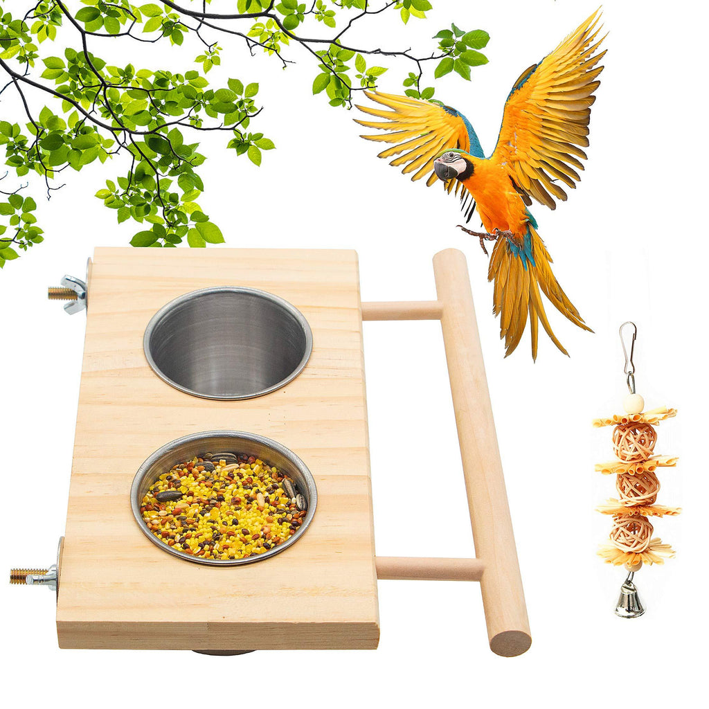 Bird Feeding Dish Cups,Hanging Stainless Steel Parrot Cage Feeder & Water Bowl with Wooden Platform for Parakeet Cockatiels Lovebirds Budgie - PawsPlanet Australia