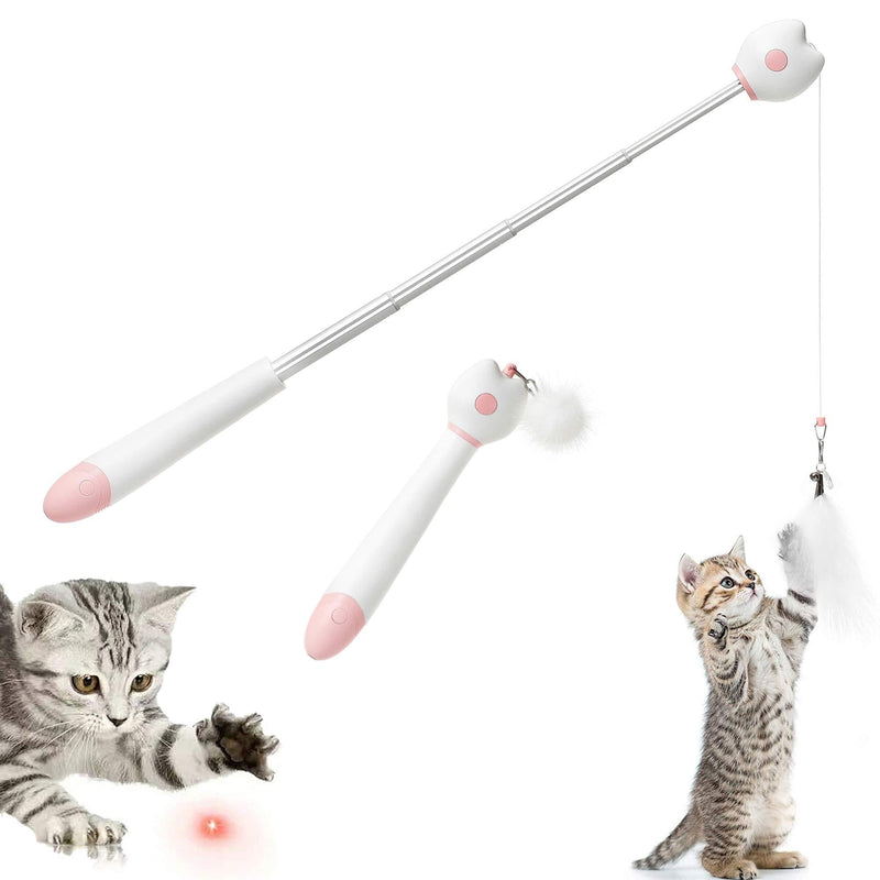 SZZYXD Cat Toys for Indoor Cats Interactive Cat Feather Wand 1pcs Retractable Cat Wand Toy with Projection & 2pcs Natural Feather Teaser Replacements (Pink) - PawsPlanet Australia