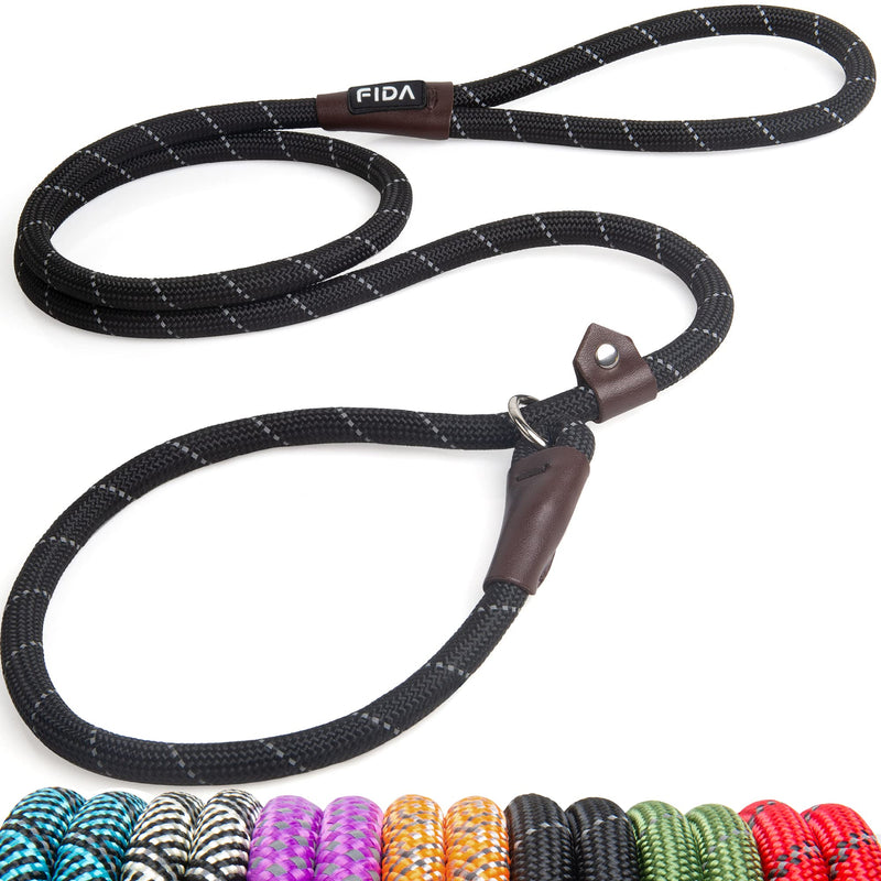 Fida Durable Slip Lead Dog Leash, Heavy Duty 1/2" x 6 FT Comfortable Strong Rope Slip Leash for Large, Medium & Small Dogs No Pulling Pet Training Leash with Highly Reflective Threads Large(1/2"-6ft) Black - PawsPlanet Australia