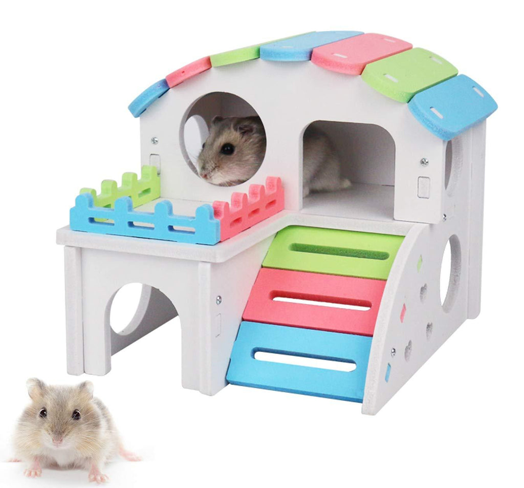 QIMMU Wooden Hamster House,Hamster Hideout House,Small Animal Hideout,Hamster Villa with Hamster Ladder,for Small Animals B - PawsPlanet Australia