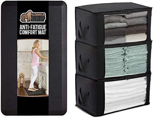 Gorilla Grip Anti Fatigue Mat and Fabric Storage Bags, Both in Black Color, Anti Fatigue Mat Size 60x20, and 3-Pack Foldable Storage Bags, 2 Item Bundle - PawsPlanet Australia