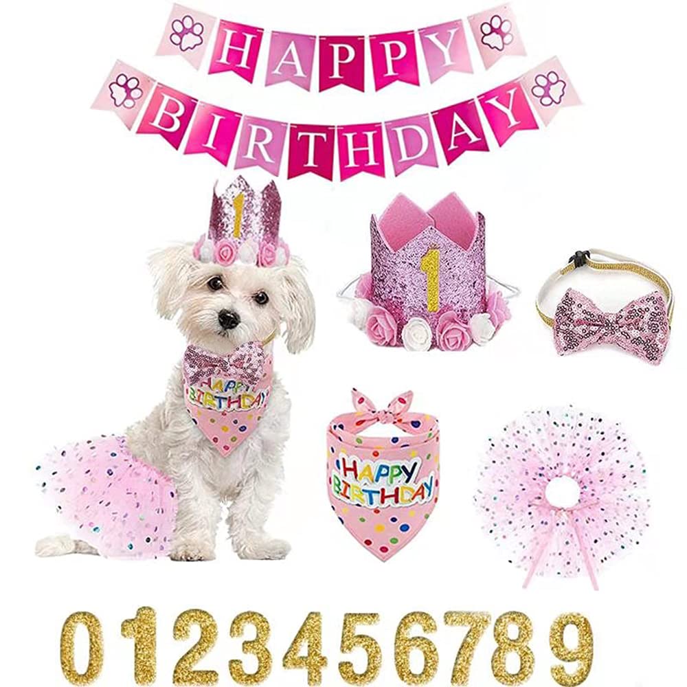 Falwela Dog Birthday Party Supplies Decoration - Pet Puppy Party Supplies Scarf Hat, Tutu Skirt Crown Bow Tie 0-9 Figure Pet Happy Birthday Triangle Scarf Banner for Pet Puppy Dog Cat Girl (Pink) pink - PawsPlanet Australia