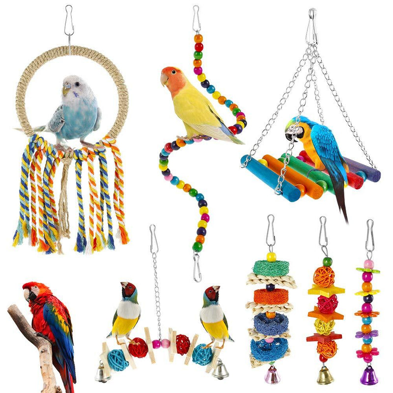 Welpettie 7pcs Bird Parrot Swing Chewing Toy Set Hanging Bell with Hammock Birds Cage Toys Suitable for Small Parakeets, Cockatiel, Conures, Finches, Budgie, Macaws, Parrots, Love Birds 7pcs-A - PawsPlanet Australia