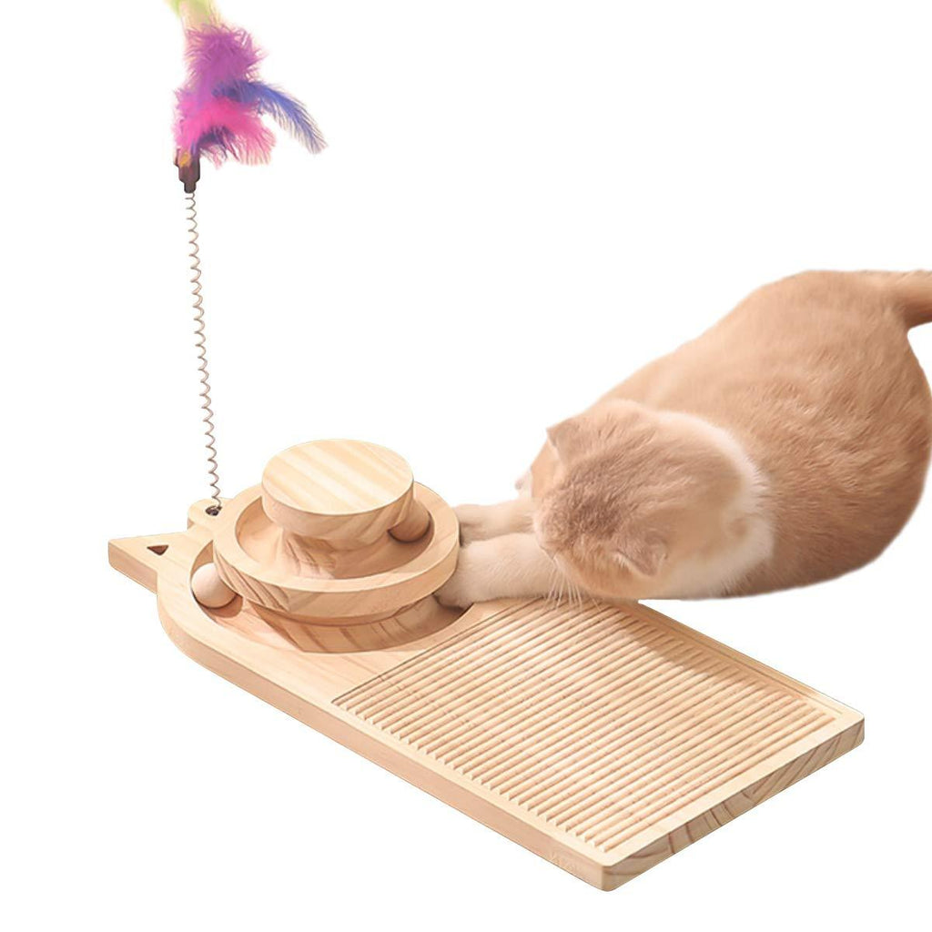 ZUKIBO Wooden Cat Scratching Turntable Post with 360° Rotating Interactive Balls and Cat Feather Toy, Pet Cat 3 Levels Towers Tracks Roller Ball Toy - PawsPlanet Australia