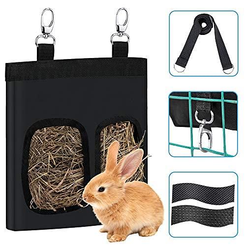 Lukovee Rabbit Hay Feeder Bag, Double-Layer Large Hamster Guinea Pig Chinchilla Hay Feeder Storage with Shoulder Strap, Rabbit Food Bag, Small Pet Feeding Storage Bag for Small Animals Eating Hay 2 Holes (9 x 8 x 11'') Black - PawsPlanet Australia