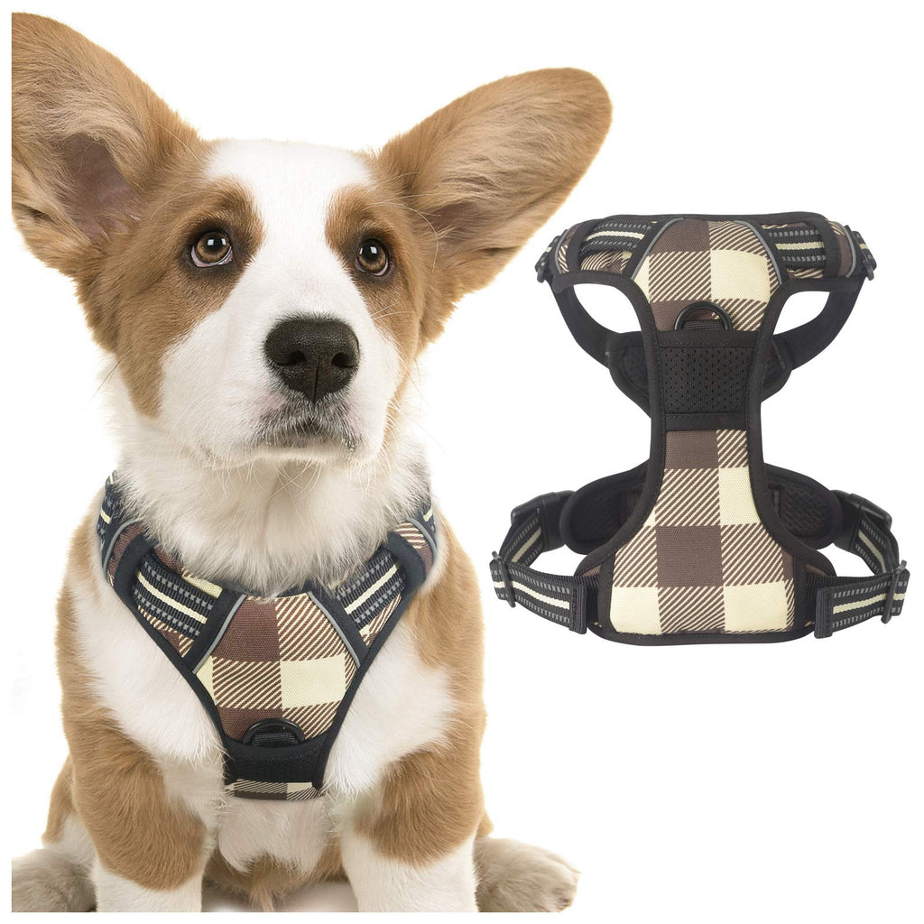 rabbitgoo Dog Harness No Pull, Adjustable Dog Walking Chest Harness with 2 Leash Clips, Comfort Padded Dog Vest Harness with Easy Handle, Reflective Front Body Harness for Small Breeds, Beige Plaid, S Buffalo Plaid (Beige & Brown) - PawsPlanet Australia