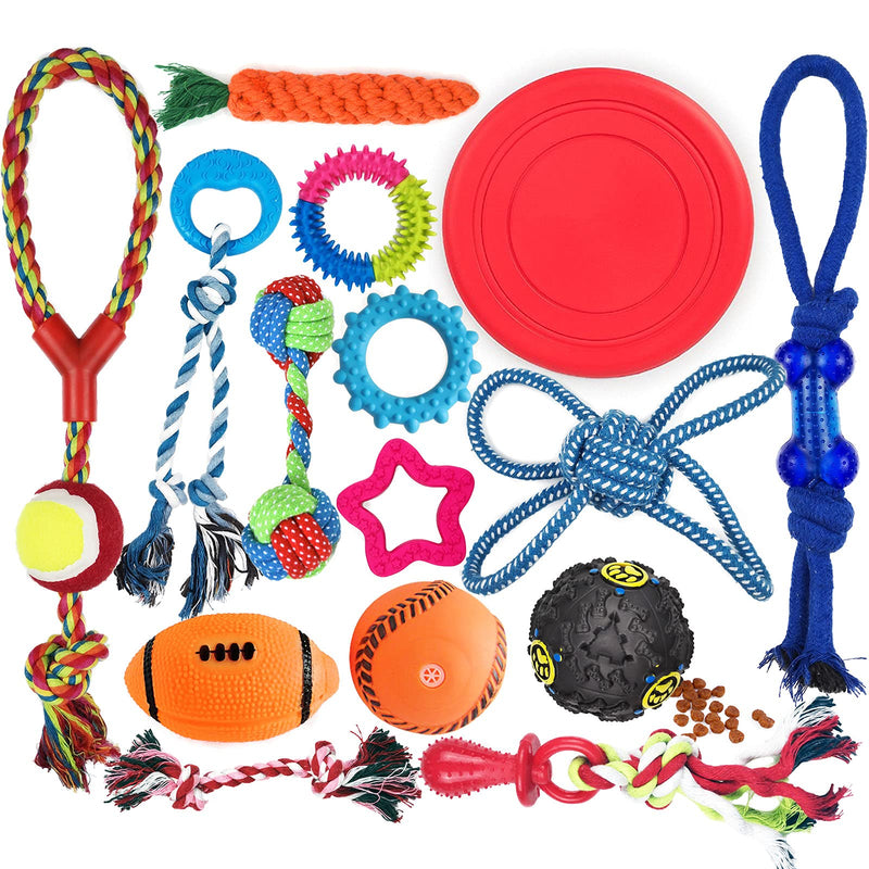 Puppy Teething Chew Toys Set, [15-Pack] Dog Toy Bundle for Small or Medium Dogs, Durable Tug Rope Toy, Cute Rubber Teething Rings, Squeak Treat Dispensing Balls, Interactive Flyer (Colors May Vary) - PawsPlanet Australia