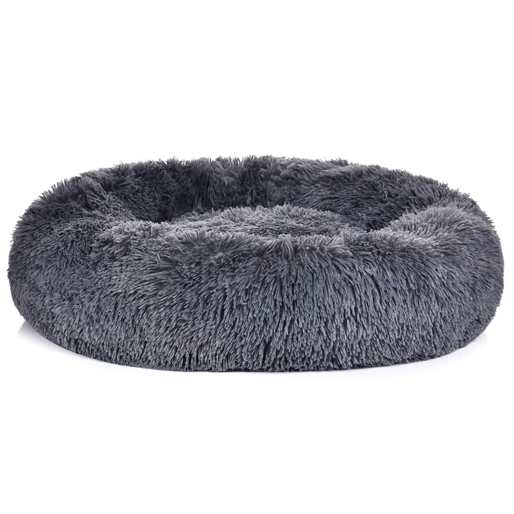 ZHEBU Washable Dog Bed for Crate, Calming Donut Dog Bed That Likes mom Fur, Round Dog Bed Grey, Fluffy Anti Anxiety Dog Bed for Medium and Large Dogs M(28"x28") Dark grey - PawsPlanet Australia