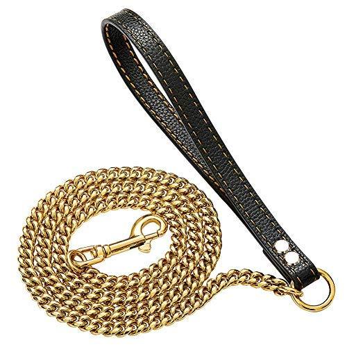 3ft Long Heavy Duty Durable 18k Gold Metal Chain Dog Leash for Large Dogs, Anti-chew Water-Resistant Unbreakable Stainless Steel Cuban Chain Links with Padded Leather Handle Lead Training Leash 24 inch chain length - PawsPlanet Australia