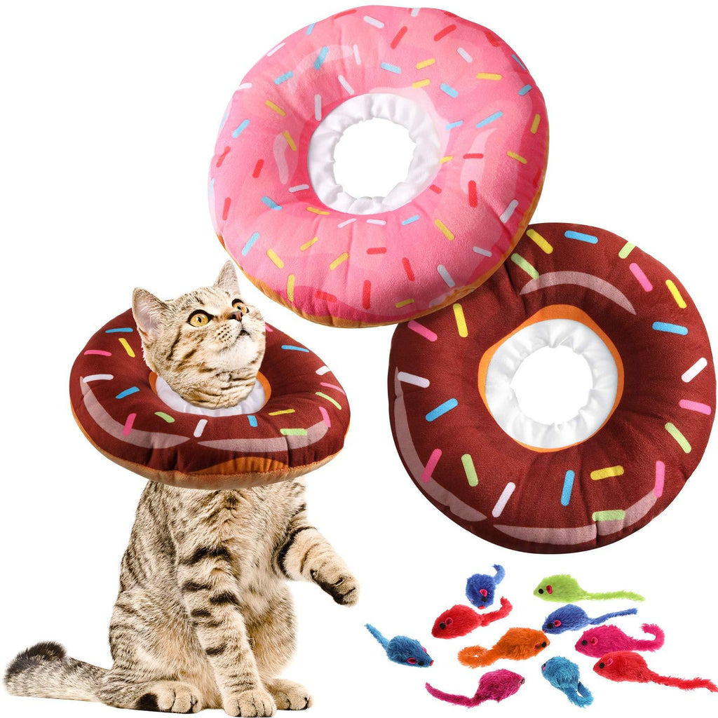 Nuanchu 2 Pieces Cute Donut Recovery Collar for Cats and Puppies Soft Adjustable Pet E Collar Neck Cone After Surgery with 10 Pieces Cat Toys Rattle Mice for Cats Puppies Kitties Small Dogs, 1-9 Kg - PawsPlanet Australia