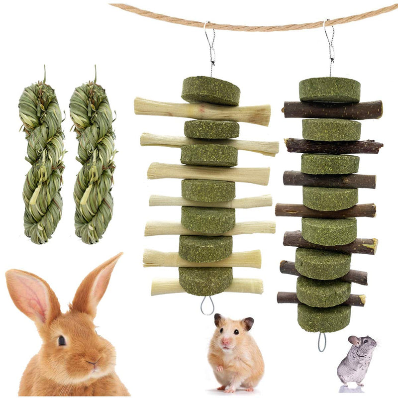 ROZJOVU Rabbit Guinea Pig Bunny Chew Toys for Teeth Grinding, Cage Hanging Toy, Organic Pet Treats for Bunny,Chinchillas, Hamsters(Sweet Bamboo+Apple Sticks+Alfalfa Cakes+Timothy Hay) - PawsPlanet Australia
