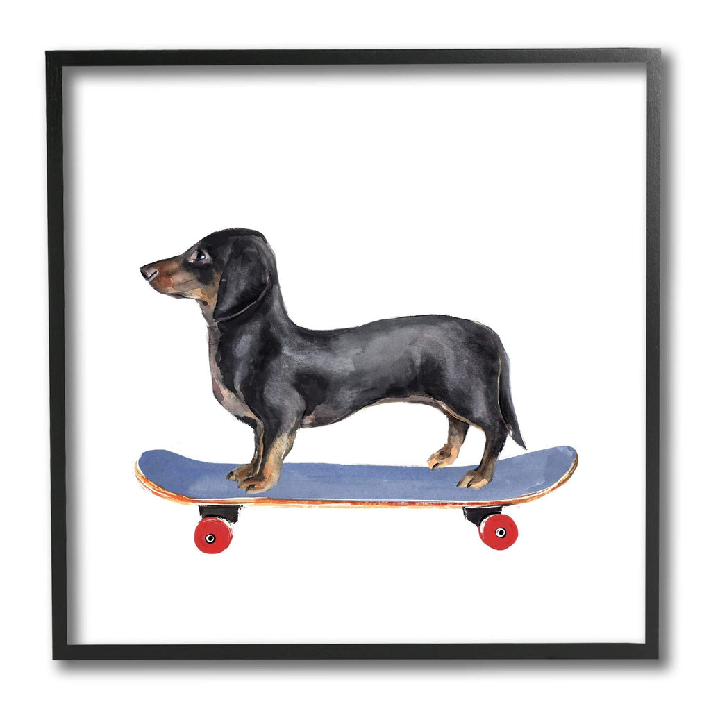 Stupell Industries Dachshund Pet Dog on Blue Skateboard, Designed by Annie Warren Black Framed Wall Art, 12 x 12 - PawsPlanet Australia