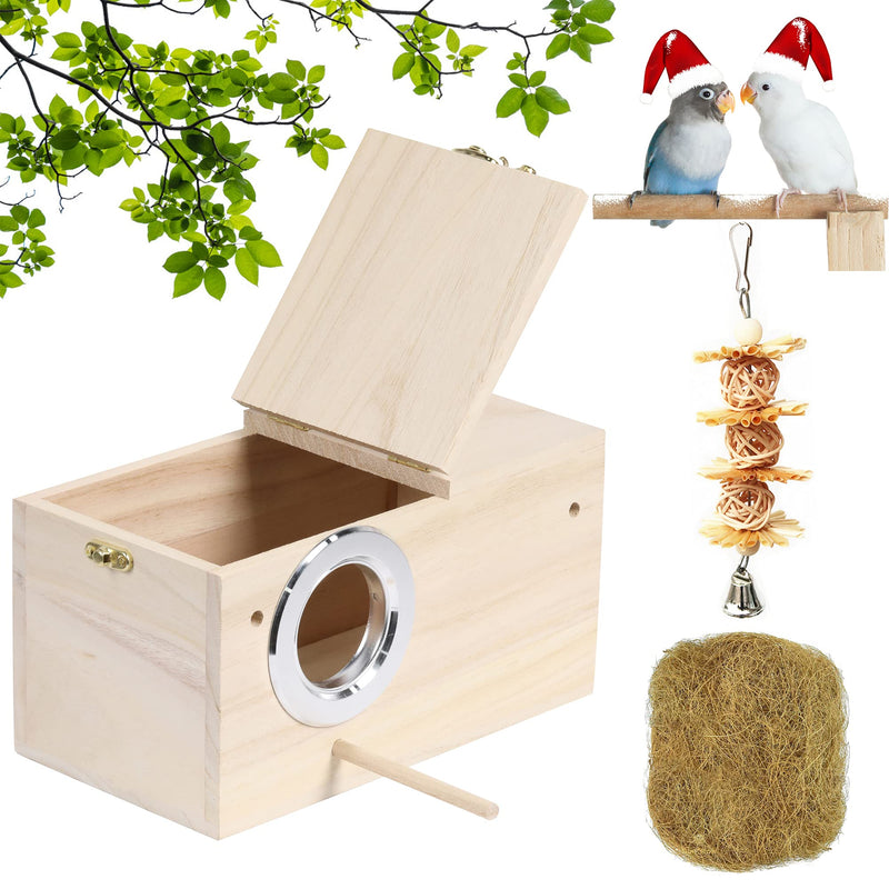PETWAKEY-ST Birds Breeding Box,Wooden Parakeet Nesting Box Cage House with Coconut Fiber Bird Toy for Cockatiel Lovebirds Budgie Finch Canary (7.8”x4.8”x4.8”) - PawsPlanet Australia