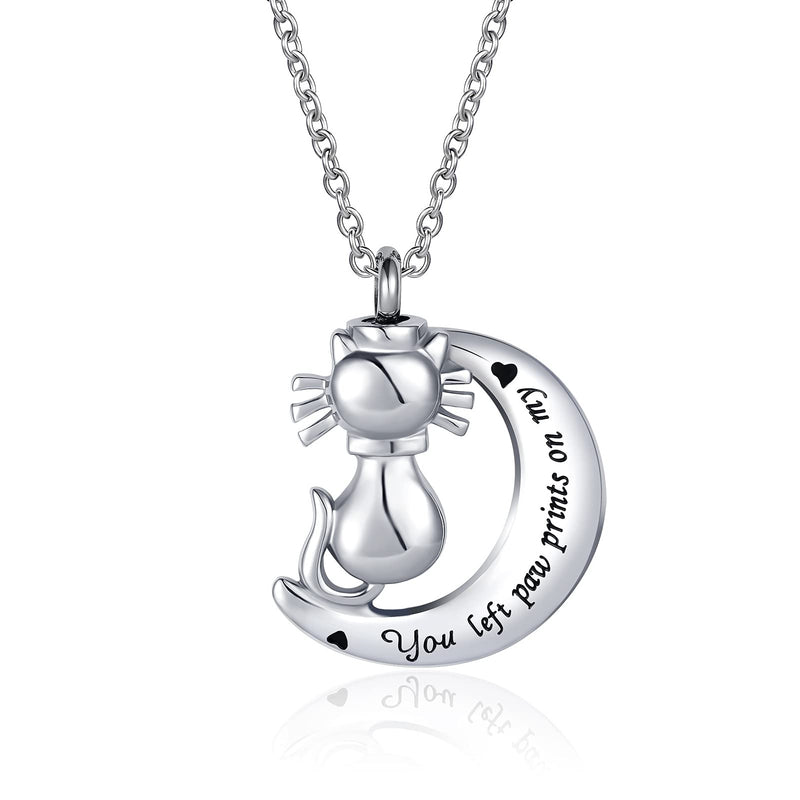 LuxglitterLin Moon Cat Dog Urn Necklace for Ashes Animal Pet Stainless Steel Keepsake Memorial Pendant Ash Holder You Left Paw Prints On My Heart - PawsPlanet Australia